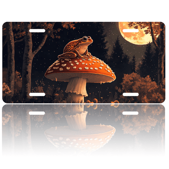 1 Pcs 2D Flat License Plate Covers & Frames, Frog on Mushroom in Night For Decorative Front, Waterproof For Decoration Aluminum License Plate Covers & Frames Cover For Men Women, 12" X 6"
