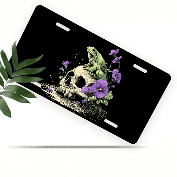 1 Pcs 2D Flat License Plate Covers & Frames, Frog on Skull For Decorative Front, Waterproof For Decoration Aluminum License Plate Covers & Frames Cover For Men Women, 12" X 6"