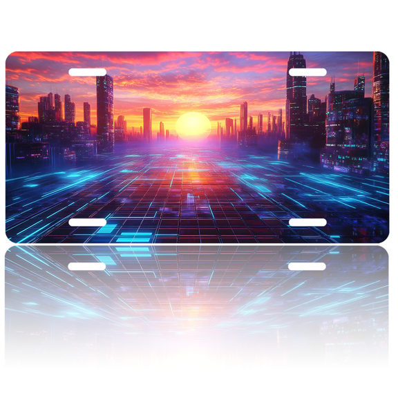 1 Pcs 2D Flat License Plate Covers & Frames, Future City at For Decorative Front, Waterproof For Decoration Aluminum License Plate Covers & Frames Cover For Men Women, 12" X 6"