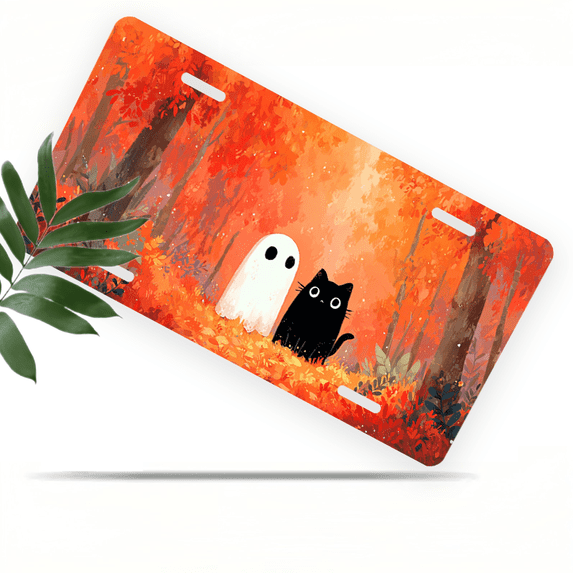 1 Pcs 2D Flat License Plate Covers & Frames, Ghost and Black Cat For Decorative Front, Waterproof For Decoration Aluminum License Plate Covers & Frames Cover For Men Women, 12" X 6"