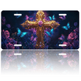 thumbnail image 1 of 1 Pcs 2D Flat License Plate Covers & Frames, Gilded Cross with Butterflies For Decorative Front, Waterproof For Decoration Aluminum License Plate Covers & Frames Cover For Men Women, 12" X 6", 1 of 7