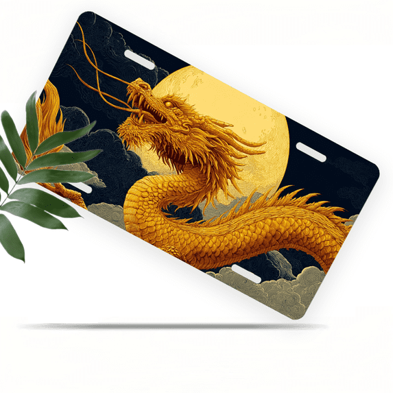 1 Pcs 2D Flat License Plate Covers & Frames, Golden Dragon For Decorative Front, Waterproof For Decoration Aluminum License Plate Covers & Frames Cover For Men Women, 12" X 6"