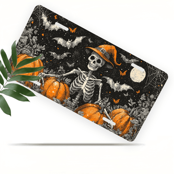 1 Pcs 2D Flat License Plate Covers & Frames, Halloween Skeleton For Decorative Front, Waterproof For Decoration Aluminum License Plate Covers & Frames Cover For Men Women, 12" X 6"