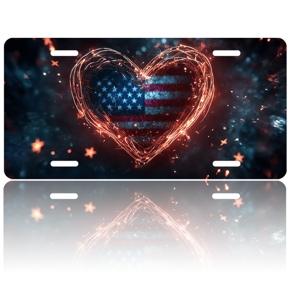 1 Pcs 2D Flat License Plate Covers & Frames, Heart with American Flag For Decorative Front, Waterproof For Decoration Aluminum License Plate Covers & Frames Cover For Men Women, 12" X 6"