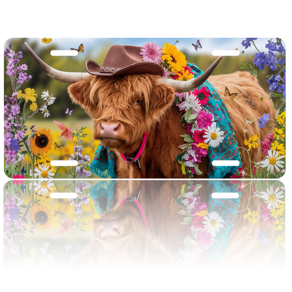 1 Pcs 2D Flat License Plate Covers & Frames, Highland Cow in a For Decorative Front, Waterproof For Decoration Aluminum License Plate Covers & Frames Cover For Men Women, 12" X 6"