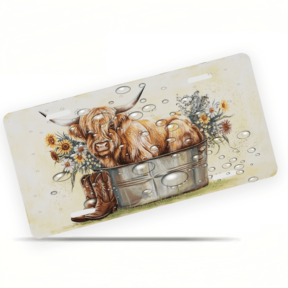 1 Pcs 2D Flat License Plate Covers & Frames, Highland Cow For Decorative Front, Waterproof For Decoration Aluminum License Plate Covers & Frames Cover For Men Women, 12" X 6"