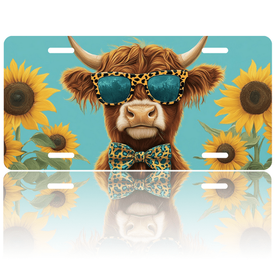 1 Pcs 2D Flat License Plate Covers & Frames, A Highland Cow Wearing For Decorative Front, Waterproof For Decoration Aluminum License Plate Covers & Frames Cover For Men Women, 12" X 6"