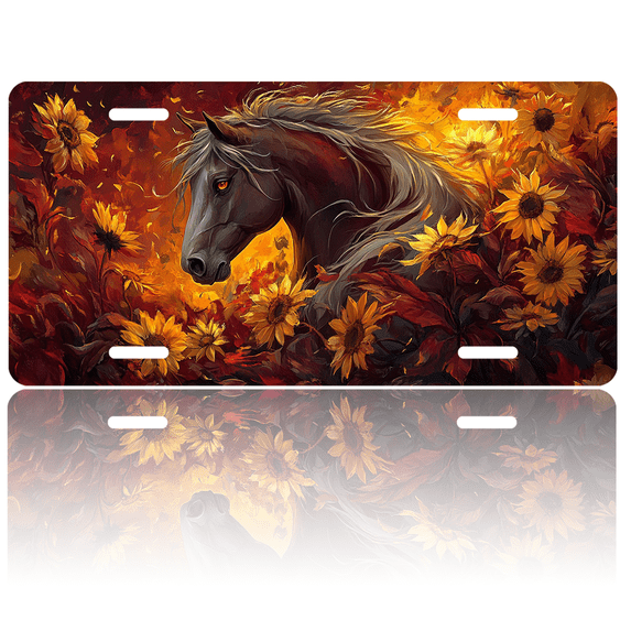 1 Pcs 2D Flat License Plate Covers & Frames, A Horse Among Sunflowers For Decorative Front, Waterproof For Decoration Aluminum License Plate Covers & Frames Cover For Men Women, 12" X 6"