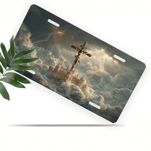 1 Pcs 2D Flat License Plate Covers & Frames, Jesus on the Cross For Decorative Front, Waterproof For Decoration Aluminum License Plate Covers & Frames Cover For Men Women, 12" X 6"