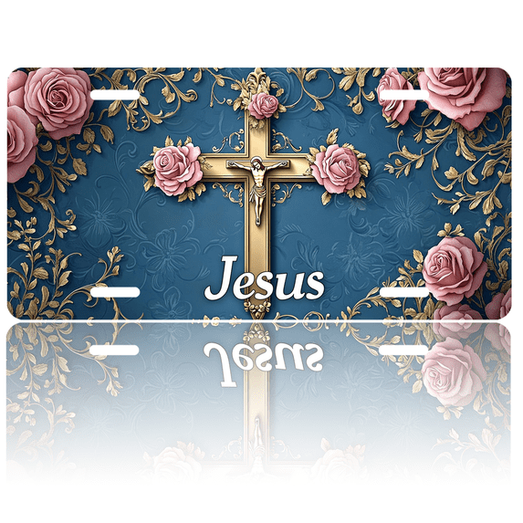 1 Pcs 2D Flat License Plate Covers & Frames, Jesus on the Cross For Decorative Front, Waterproof For Decoration Aluminum License Plate Covers & Frames Cover For Men Women, 12" X 6"