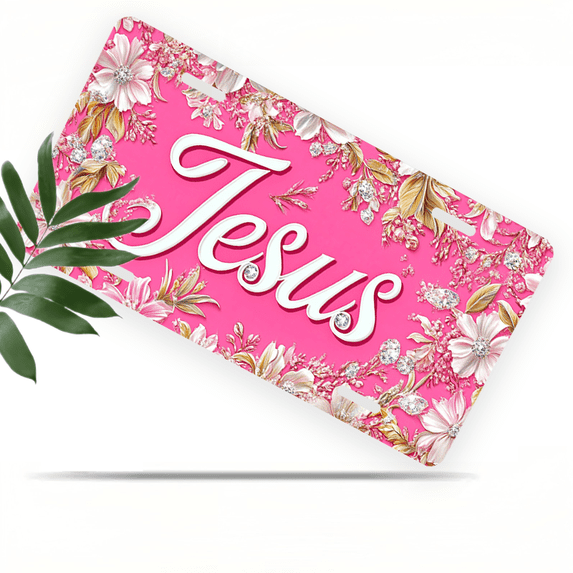 1 Pcs 2D Flat License Plate Covers & Frames, Jesus with Floral For Decorative Front, Waterproof For Decoration Aluminum License Plate Covers & Frames Cover For Men Women, 12" X 6"