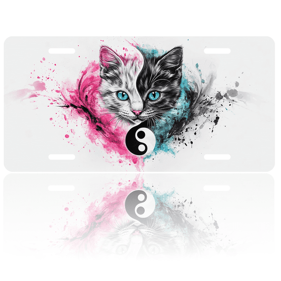 1 Pcs 2D Flat License Plate Covers & Frames, Kitten with Yin Yang Symbol For Decorative Front, Waterproof For Decoration Aluminum License Plate Covers & Frames Cover For Men Women, 12" X 6"