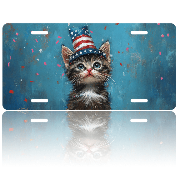 1 Pcs 2D Flat License Plate Covers & Frames, Kitten wearing American hat For Decorative Front, Waterproof For Decoration Aluminum License Plate Covers & Frames Cover For Men Women, 12" X 6"