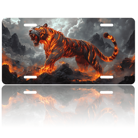 1 Pcs 2D Flat License Plate Covers & Frames, Lava Tiger For Decorative Front, Waterproof For Decoration Aluminum License Plate Covers & Frames Cover For Men Women, 12" X 6"