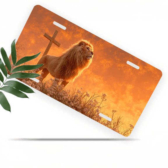1 Pcs 2D Flat License Plate Covers & Frames, A Lion and a Cross For Decorative Front, Waterproof For Decoration Aluminum License Plate Covers & Frames Cover For Men Women, 12" X 6"