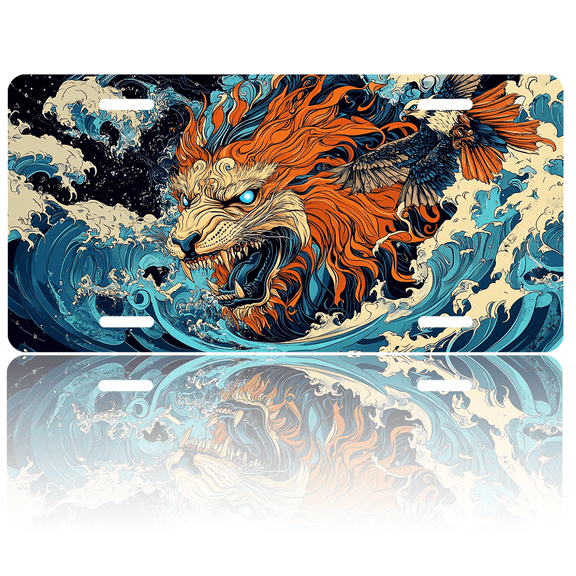 1 Pcs 2D Flat License Plate Covers & Frames, Lion Head in Waves with Eagle For Decorative Front, Waterproof For Decoration Aluminum License Plate Covers & Frames Cover For Men Women, 12" X 6"