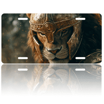 1 Pcs 2D Flat License Plate Covers & Frames, Lion Warrior in Armor For Decorative Front, Waterproof For Decoration Aluminum License Plate Covers & Frames Cover For Men Women, 12" X 6"