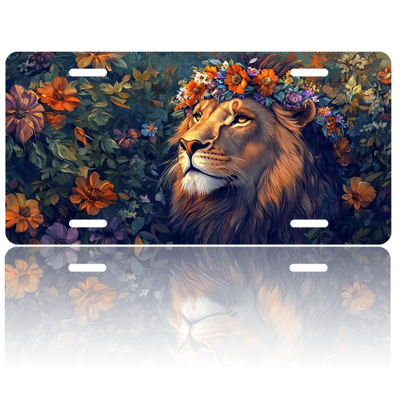 1 Pcs 2D Flat License Plate Covers & Frames, A Lion Wearing a Flower Crown For Decorative Front, Waterproof For Decoration Aluminum License Plate Covers & Frames Cover For Men Women, 12" X 6"
