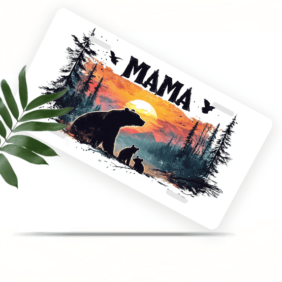 1 Pcs 2D Flat License Plate Covers & Frames, Mama Bear and Cubs For Decorative Front, Waterproof For Decoration Aluminum License Plate Covers & Frames Cover For Men Women, 12" X 6"