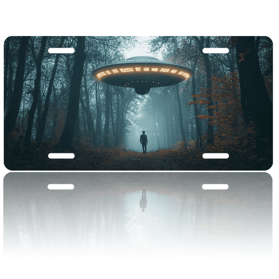 1 Pcs 2D Flat License Plate Covers & Frames, A Man Facing a UFO For Decorative Front, Waterproof For Decoration Aluminum License Plate Covers & Frames Cover For Men Women, 12" X 6"