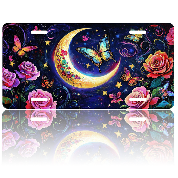 1 Pcs 2D Flat License Plate Covers & Frames, Moon with Butterflies For Decorative Front, Waterproof For Decoration Aluminum License Plate Covers & Frames Cover For Men Women, 12" X 6"