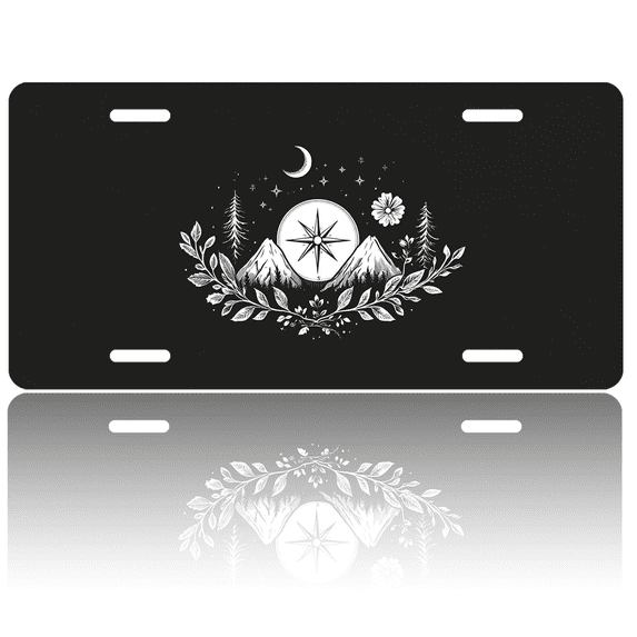 1 Pcs 2D Flat License Plate Covers & Frames, Mountain Compass For Decorative Front, Waterproof For Decoration Aluminum License Plate Covers & Frames Cover For Men Women, 12" X 6"