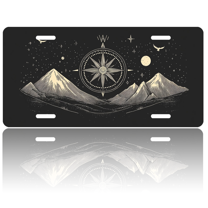 1 Pcs 2D Flat License Plate Covers & Frames, Mountain and Compass For Decorative Front, Waterproof For Decoration Aluminum License Plate Covers & Frames Cover For Men Women, 12" X 6"