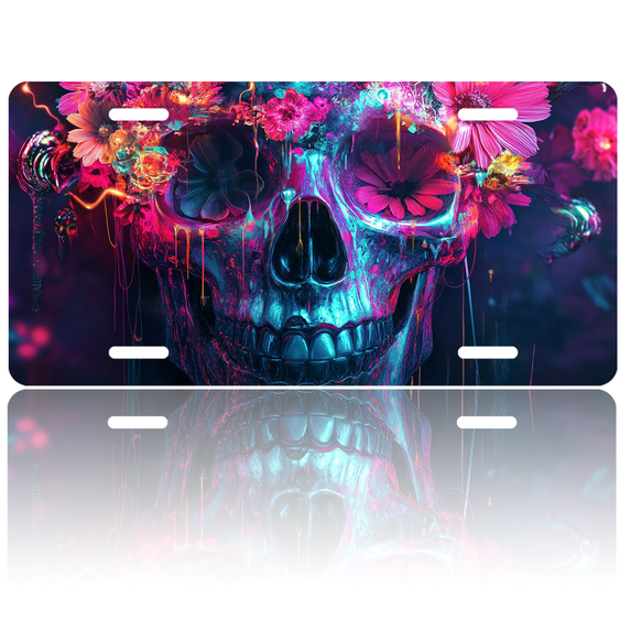 1 Pcs 2D Flat License Plate Covers & Frames, Neon Skull with Flowers For Decorative Front, Waterproof For Decoration Aluminum License Plate Covers & Frames Cover For Men Women, 12" X 6"