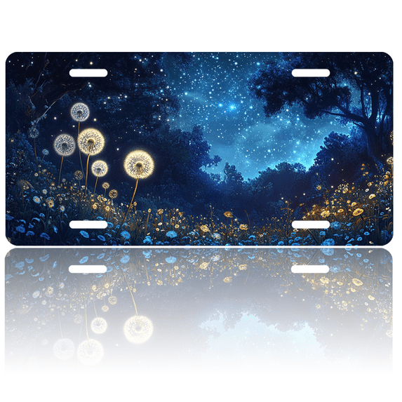 1 Pcs 2D Flat License Plate Covers & Frames, Night Scene with Dandelions For Decorative Front, Waterproof For Decoration Aluminum License Plate Covers & Frames Cover For Men Women, 12" X 6"