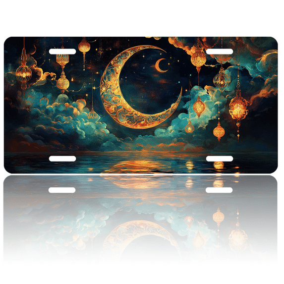 1 Pcs 2D Flat License Plate Covers & Frames, Night Sky with Crescent Moon For Decorative Front, Waterproof For Decoration Aluminum License Plate Covers & Frames Cover For Men Women, 12" X 6"