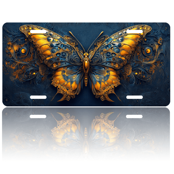 1 Pcs 2D Flat License Plate Covers & Frames, Ornate Golden Butterfly For Decorative Front, Waterproof For Decoration Aluminum License Plate Covers & Frames Cover For Men Women, 12" X 6"