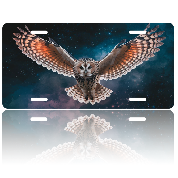 1 Pcs 2D Flat License Plate Covers & Frames, Owl Flying in Space For Decorative Front, Waterproof For Decoration Aluminum License Plate Covers & Frames Cover For Men Women, 12" X 6"
