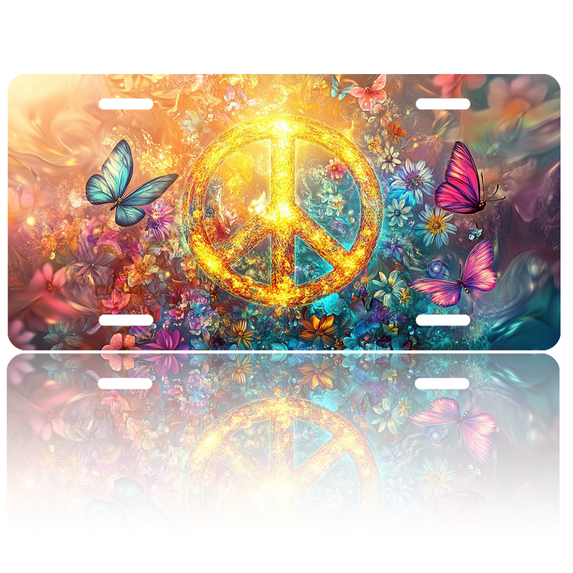 1 Pcs 2D Flat License Plate Covers & Frames, Peace Symbol with Butterflies For Decorative Front, Waterproof For Decoration Aluminum License Plate Covers & Frames Cover For Men Women, 12" X 6"