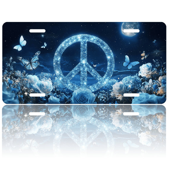 1 Pcs 2D Flat License Plate Covers & Frames, Peace Symbol Under Night Sky For Decorative Front, Waterproof For Decoration Aluminum License Plate Covers & Frames Cover For Men Women, 12" X 6"