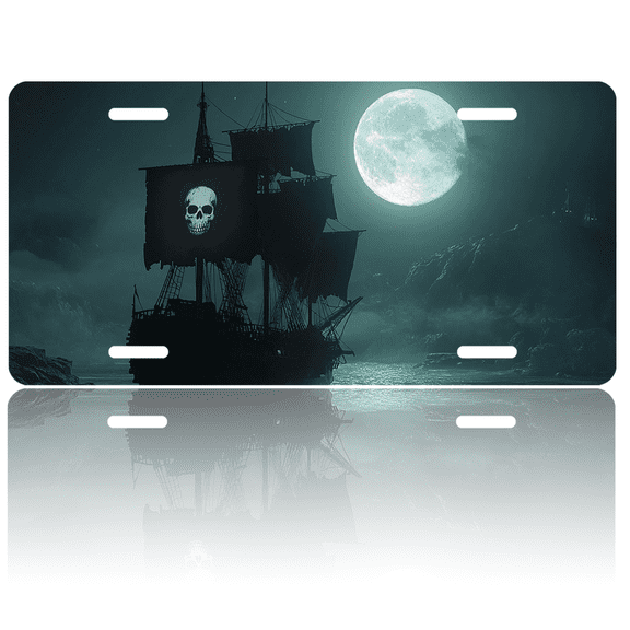 1 Pcs 2D Flat License Plate Covers & Frames, Pirate Ship under the Full For Decorative Front, Waterproof For Decoration Aluminum License Plate Covers & Frames Cover For Men Women, 12" X 6"