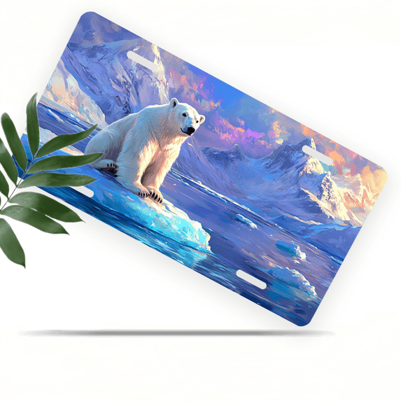 1 Pcs 2D Flat License Plate Covers & Frames, Polar Bear on Ice For Decorative Front, Waterproof For Decoration Aluminum License Plate Covers & Frames Cover For Men Women, 12" X 6"
