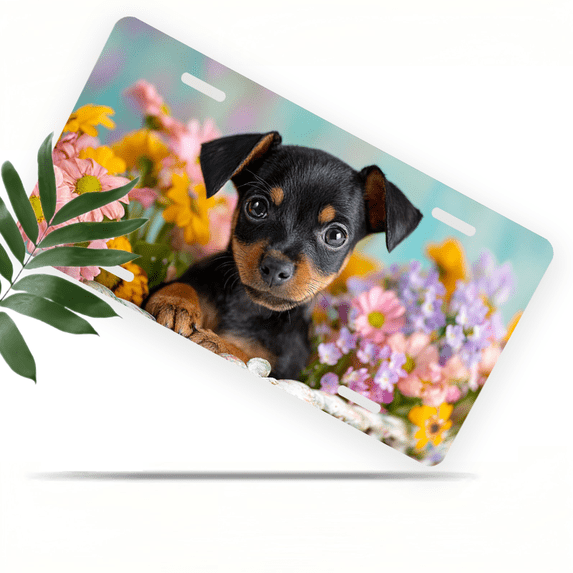 1 Pcs 2D Flat License Plate Covers & Frames, Puppy Flowers For Decorative Front, Waterproof For Decoration Aluminum License Plate Covers & Frames Cover For Men Women, 12" X 6"
