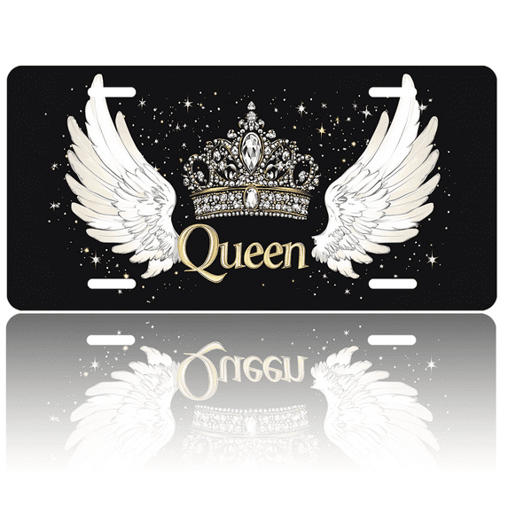 1 Pcs 2D Flat License Plate Covers & Frames, Queen with Wings and Crown For Decorative Front, Waterproof For Decoration Aluminum License Plate Covers & Frames Cover For Men Women, 12" X 6"