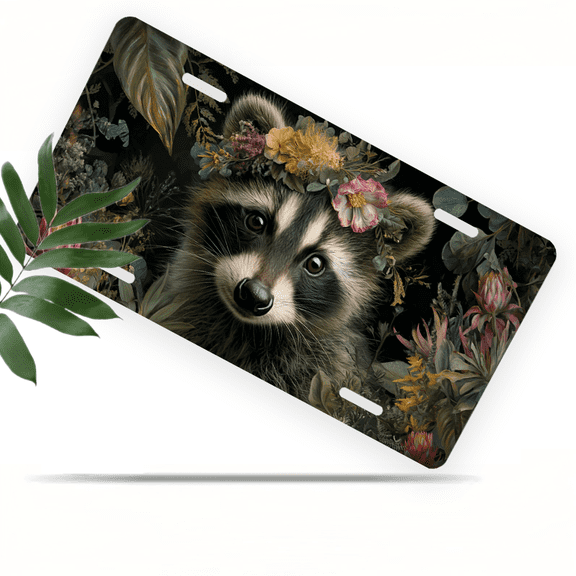 1 Pcs 2D Flat License Plate Covers & Frames, Raccoon with Flower For Decorative Front, Waterproof For Decoration Aluminum License Plate Covers & Frames Cover For Men Women, 12" X 6"
