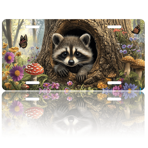1 Pcs 2D Flat License Plate Covers & Frames, Raccoon in a Tree Hole For Decorative Front, Waterproof For Decoration Aluminum License Plate Covers & Frames Cover For Men Women, 12" X 6"