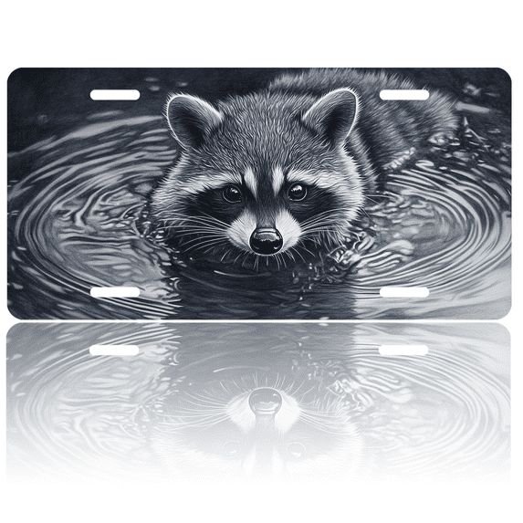 1 Pcs 2D Flat License Plate Covers & Frames, Raccoon in Water For Decorative Front, Waterproof For Decoration Aluminum License Plate Covers & Frames Cover For Men Women, 12" X 6"