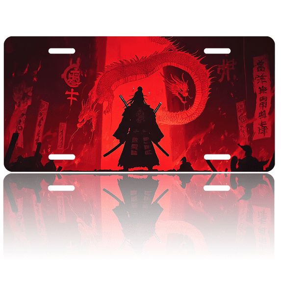 1 Pcs 2D Flat License Plate Covers & Frames, Samurai and Red For Decorative Front, Waterproof For Decoration Aluminum License Plate Covers & Frames Cover For Men Women, 12" X 6"
