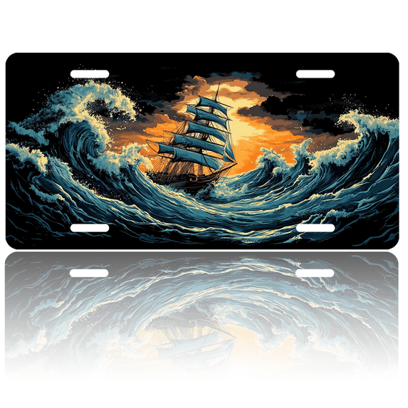 1 Pcs 2D Flat License Plate Covers & Frames, A Ship in Rough Seas For Decorative Front, Waterproof For Decoration Aluminum License Plate Covers & Frames Cover For Men Women, 12" X 6"