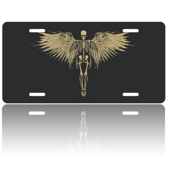 1 Pcs 2D Flat License Plate Covers & Frames, Skeleton with Wings For Decorative Front, Waterproof For Decoration Aluminum License Plate Covers & Frames Cover For Men Women, 12" X 6"