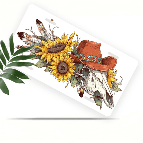 1 Pcs 2D Flat License Plate Covers & Frames, Skull with Cowboy For Decorative Front, Waterproof For Decoration Aluminum License Plate Covers & Frames Cover For Men Women, 12" X 6"