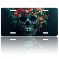 1 Pcs 2D Flat License Plate Covers & Frames, Skull with Flowers For Decorative Front, Waterproof For Decoration Aluminum License Plate Covers & Frames Cover For Men Women, 12" X 6"