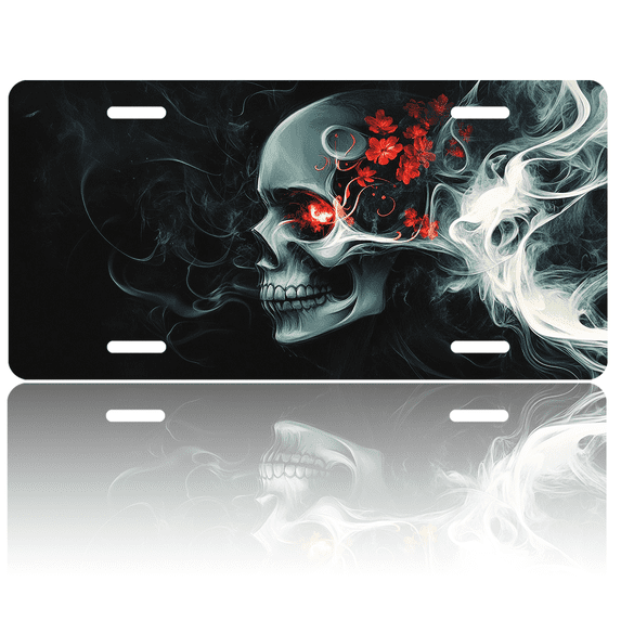 1 Pcs 2D Flat License Plate Covers & Frames, Skull with Smoke and Red For Decorative Front, Waterproof For Decoration Aluminum License Plate Covers & Frames Cover For Men Women, 12" X 6"