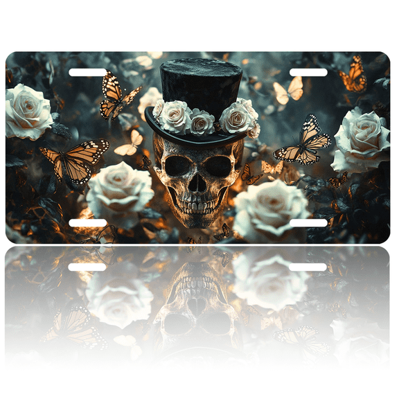 1 Pcs 2D Flat License Plate Covers & Frames, Skull with Top Hat For Decorative Front, Waterproof For Decoration Aluminum License Plate Covers & Frames Cover For Men Women, 12" X 6"