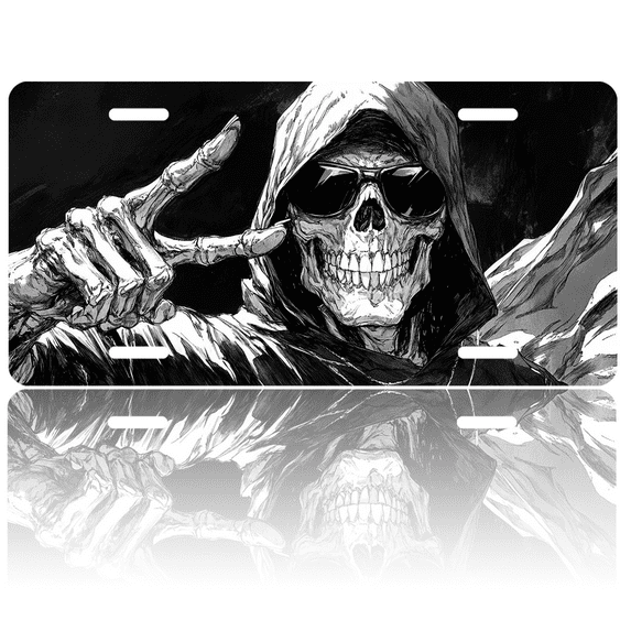 1 Pcs 2D Flat License Plate Covers & Frames, Skull wearing hood For Decorative Front, Waterproof For Decoration Aluminum License Plate Covers & Frames Cover For Men Women, 12" X 6"