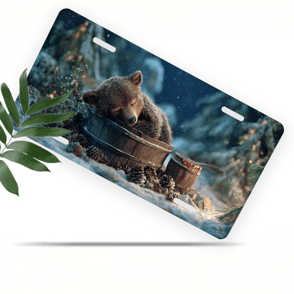 1 Pcs 2D Flat License Plate Covers & Frames, Sleeping Bear For Decorative Front, Waterproof For Decoration Aluminum License Plate Covers & Frames Cover For Men Women, 12" X 6"